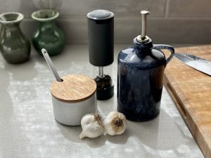 garlic, salt, pepper, oil
